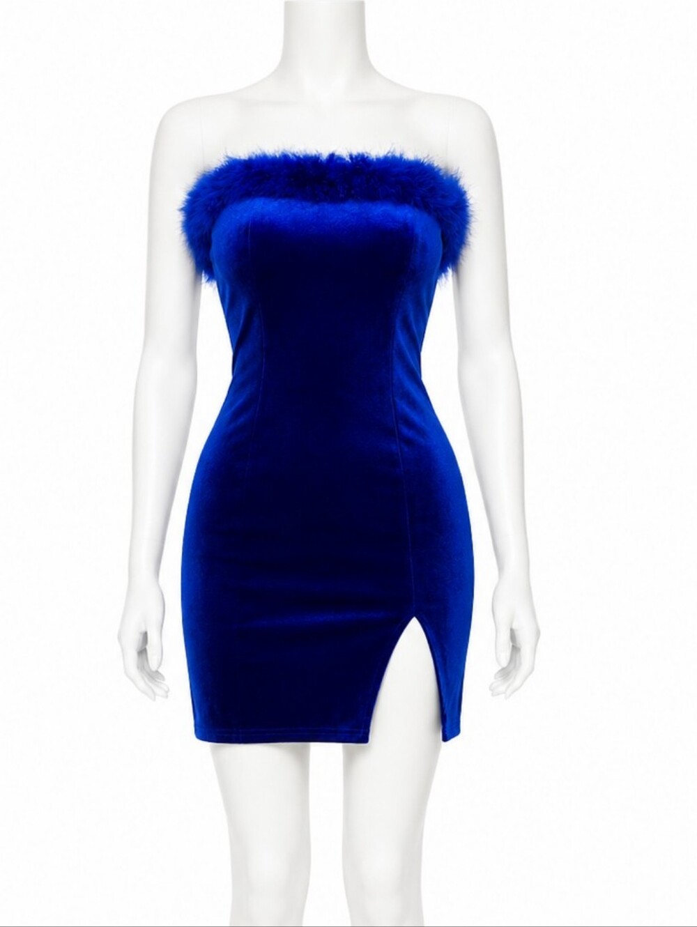 Royal Blue Velvet Fuzzy Trim Split Hem Tube Bodycon Dress XSmall